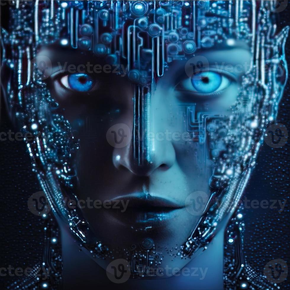 Artificial intelligence  virtual woman characters  portrait for concept design. Retro future 3D render illustration. Blue glow light with computer board elements. Ai render. photo