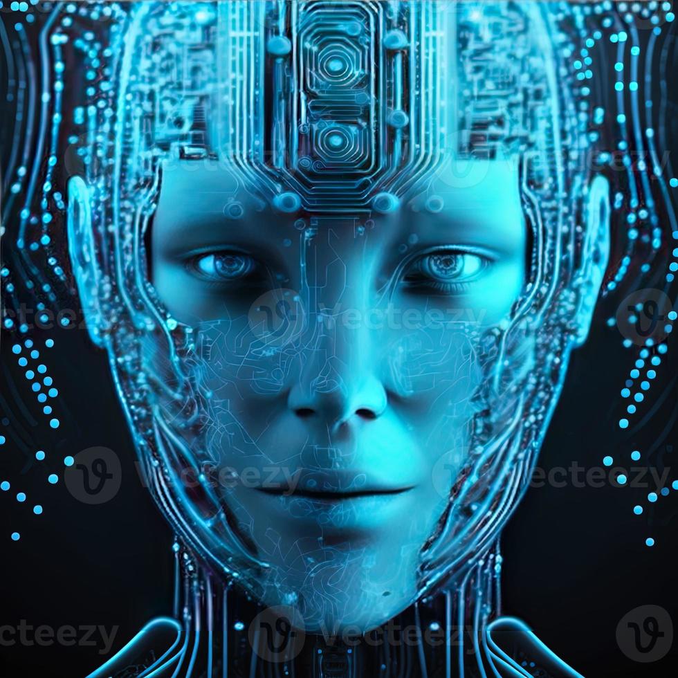 Artificial intelligence  virtual woman characters  portrait for concept design. Retro future 3D render illustration. Blue glow light with computer board elements. Ai render. photo