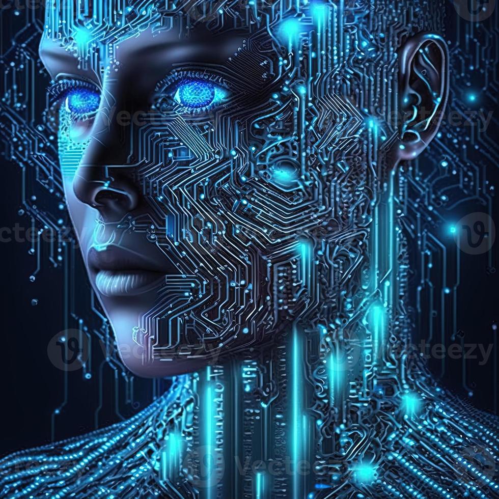 Artificial intelligence  virtual woman characters  portrait for concept design. Retro future 3D render illustration. Blue glow light with computer board elements. Ai render. photo