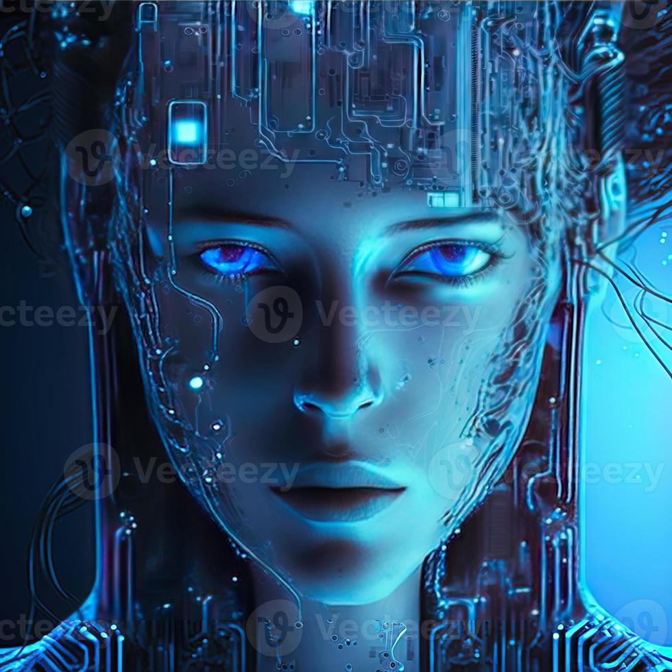 Artificial intelligence  virtual woman characters  portrait for concept design. Retro future 3D render illustration. Blue glow light with computer board elements. Ai render. photo
