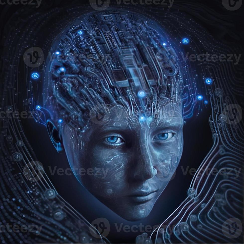Artificial intelligence  virtual woman characters  portrait for concept design. Retro future 3D render illustration. Blue glow light with computer board elements. Ai render. photo