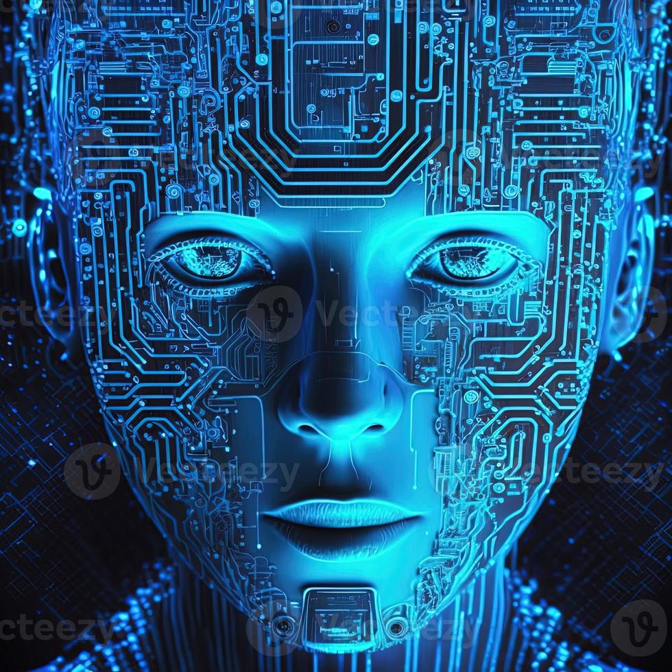 Artificial intelligence  virtual woman characters  portrait for concept design. Retro future 3D render illustration. Blue glow light with computer board elements. Ai render. photo
