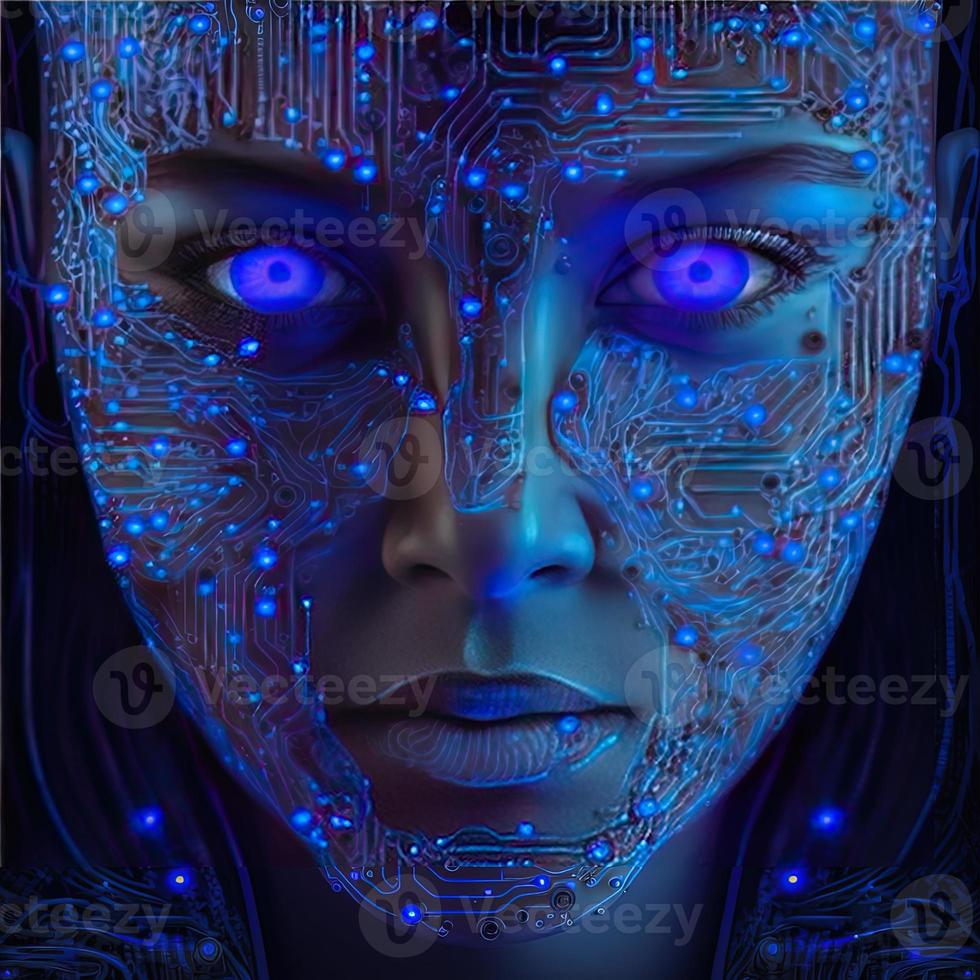 Artificial intelligence  virtual woman characters  portrait for concept design. Retro future 3D render illustration. Blue glow light with computer board elements. Ai render. photo