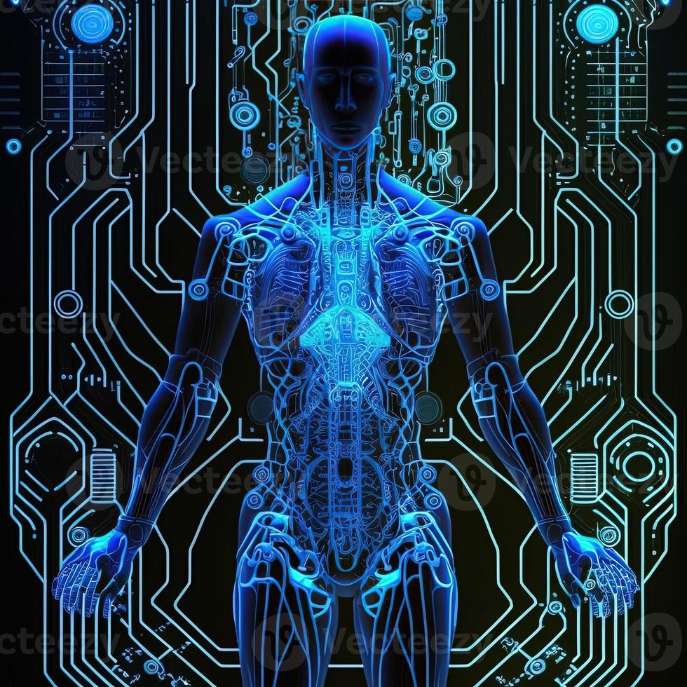 Virtual character with hud elements concept design. Retro future 3D render illustration. Blue glow light with computer board elements. Ai render. photo