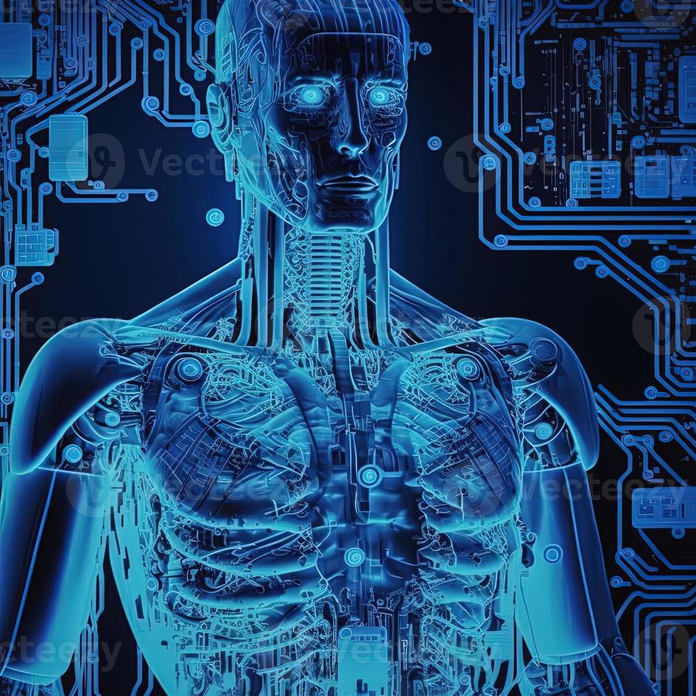 Virtual character with hud elements concept design. Retro future 3D render illustration. Blue glow light with computer board elements. Ai render. photo