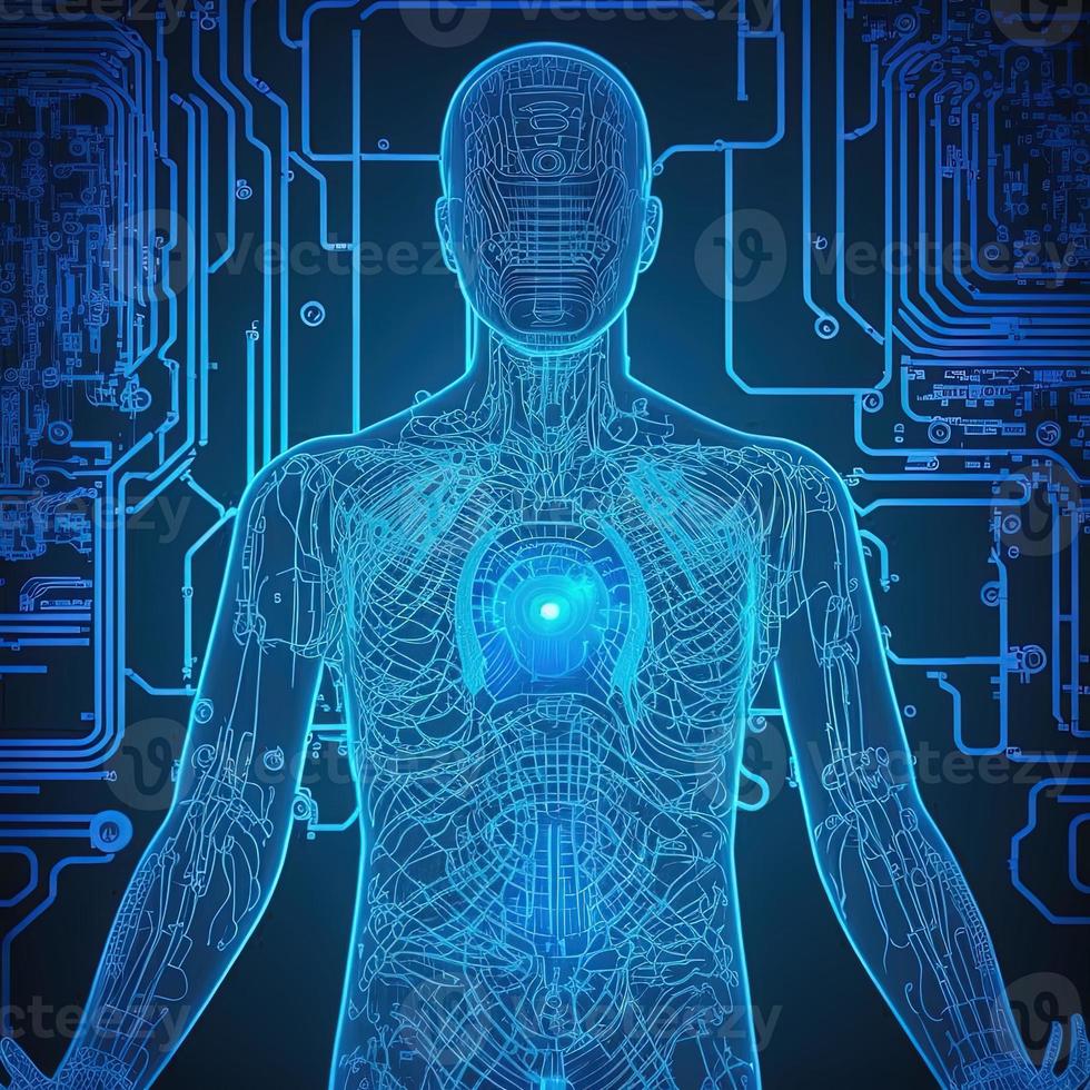 Virtual character with hud elements concept design. Retro future 3D render illustration. Blue glow light with computer board elements. Ai render. photo