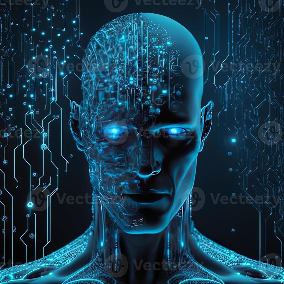 Artificial intelligence  virtual character. Alien portrait for concept design. Retro future 3D render illustration. Blue glow light with computer board elements. Ai render. photo