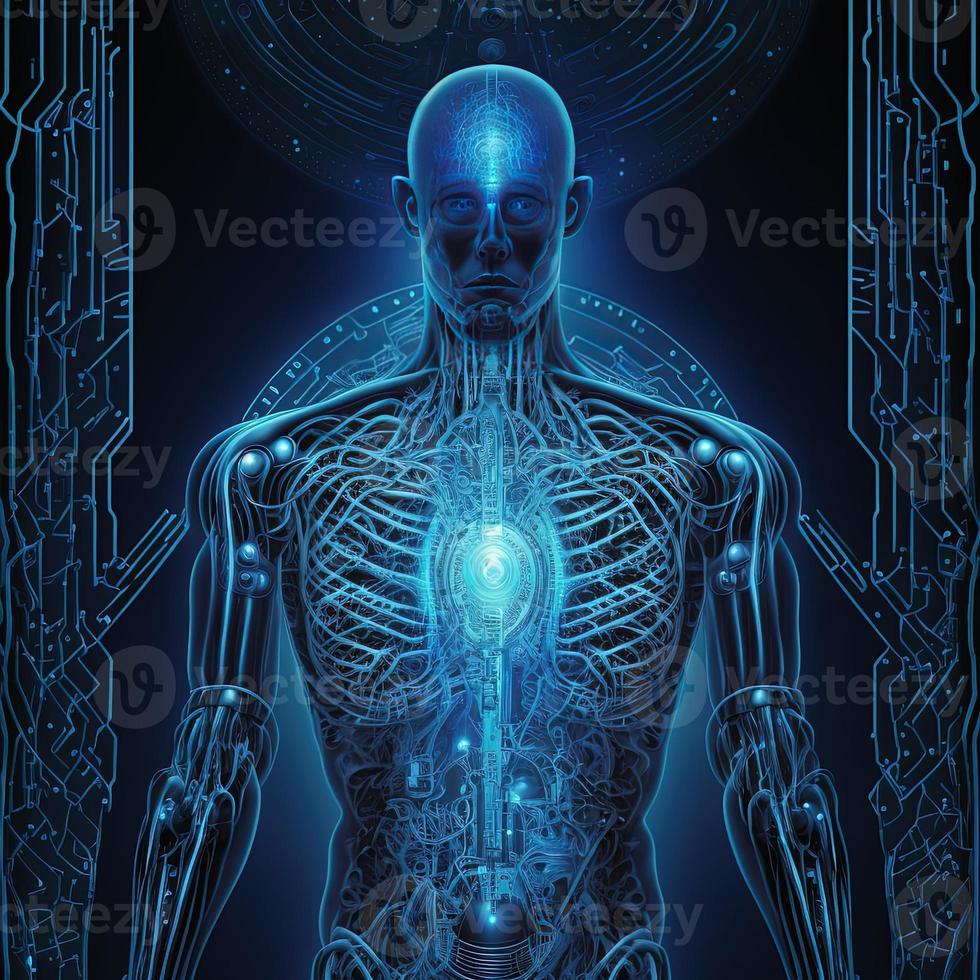 Virtual character with hud elements concept design. Retro future 3D render illustration. Blue glow light with computer board elements. Ai render. photo
