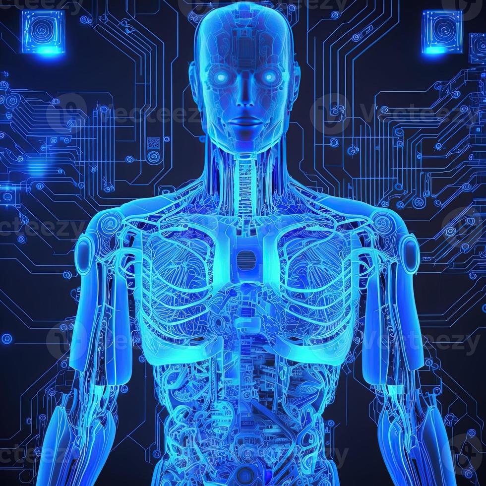 Virtual character with hud elements concept design. Retro future 3D render illustration. Blue glow light with computer board elements. Ai render. photo