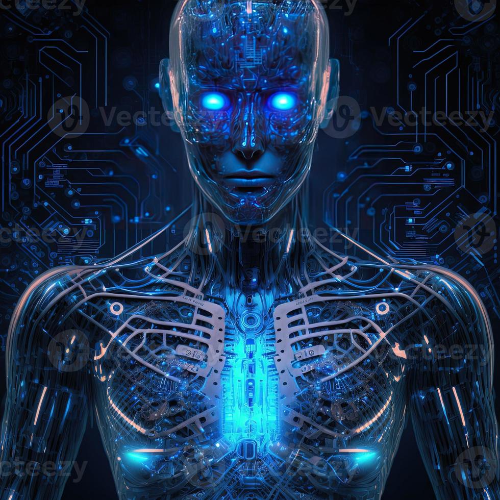 Artificial intelligence  virtual character. Alien portrait for concept design. Retro future 3D render illustration. Blue glow light with computer board elements. Ai render. photo