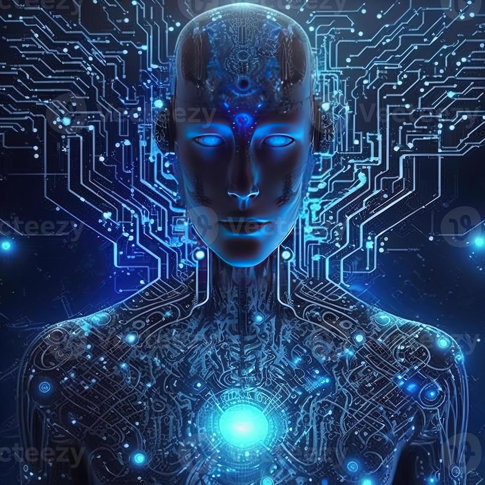 Artificial intelligence  virtual character. Alien portrait for concept design. Retro future 3D render illustration. Blue glow light with computer board elements. Ai render. photo