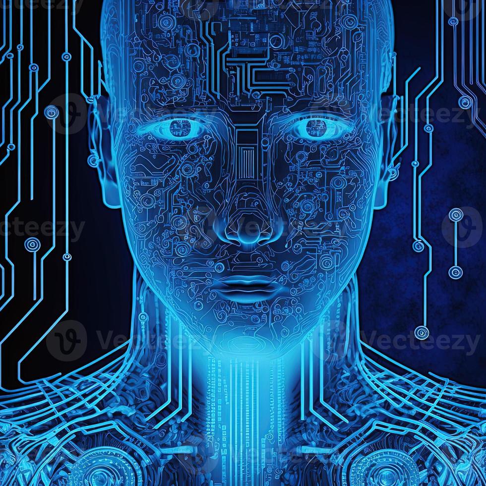 Artificial intelligence  virtual character. Alien portrait for concept design. Retro future 3D render illustration. Blue glow light with computer board elements. Ai render. photo