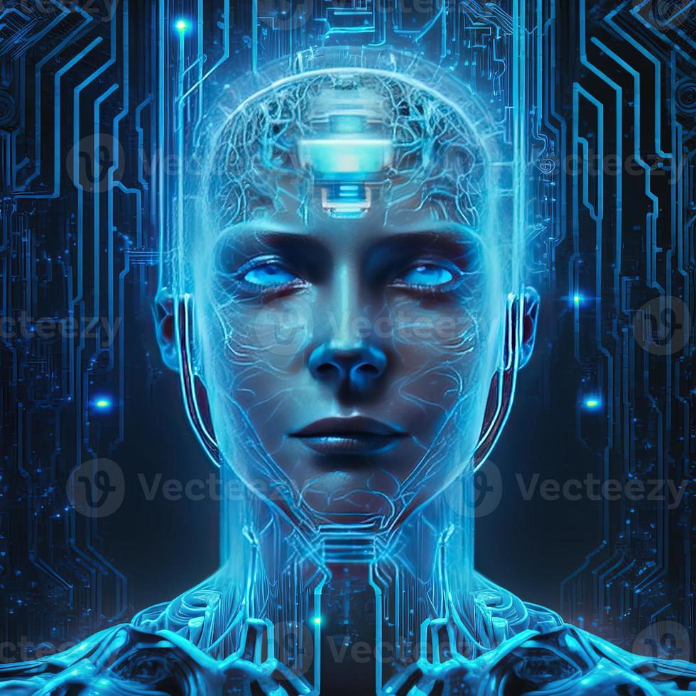 Artificial intelligence  virtual character. Alien portrait for concept design. Retro future 3D render illustration. Blue glow light with computer board elements. Ai render. photo