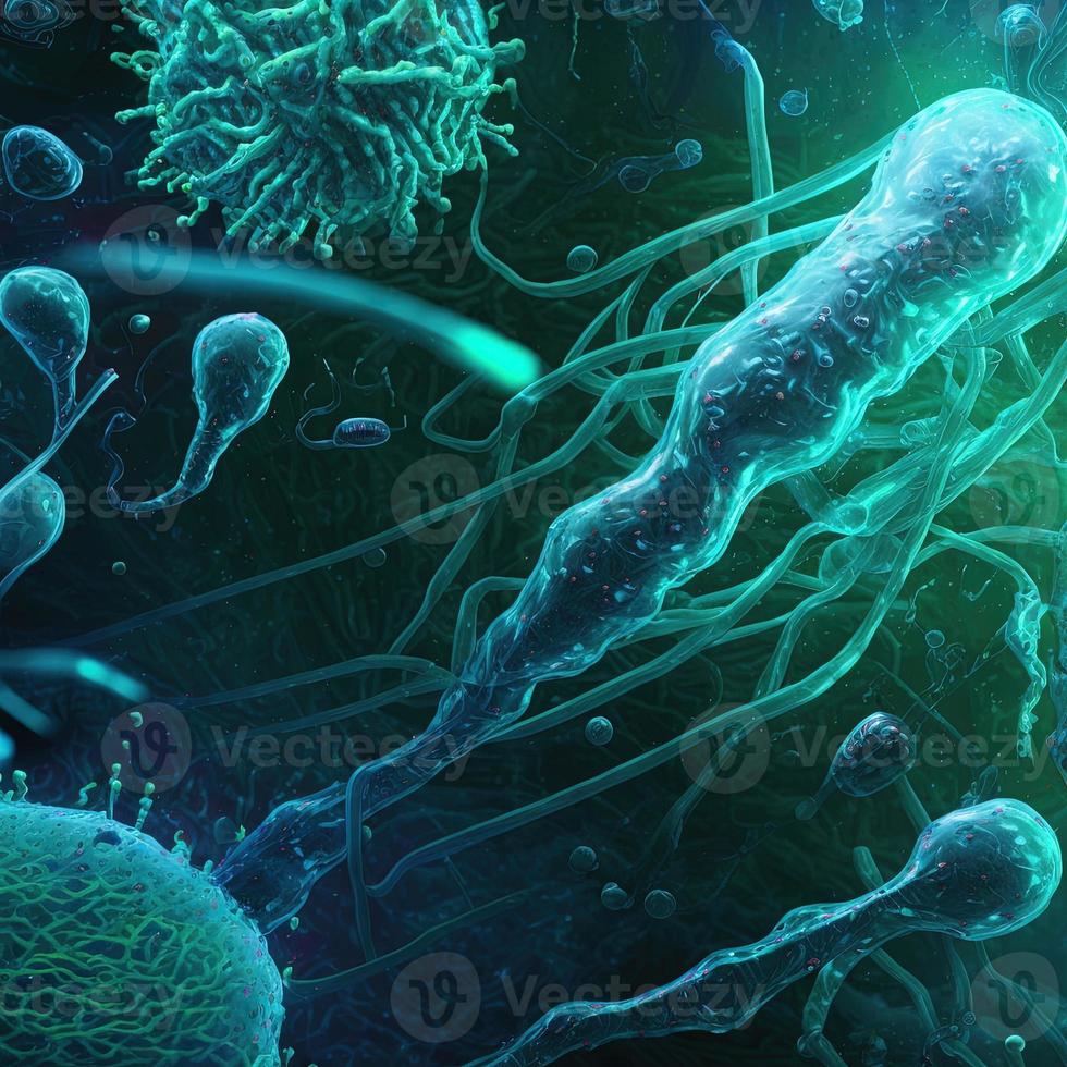 Abstract background bacteria and viruses. 3D illustration. Scientific microcosm  background. Realistic illustration. Ai render. photo