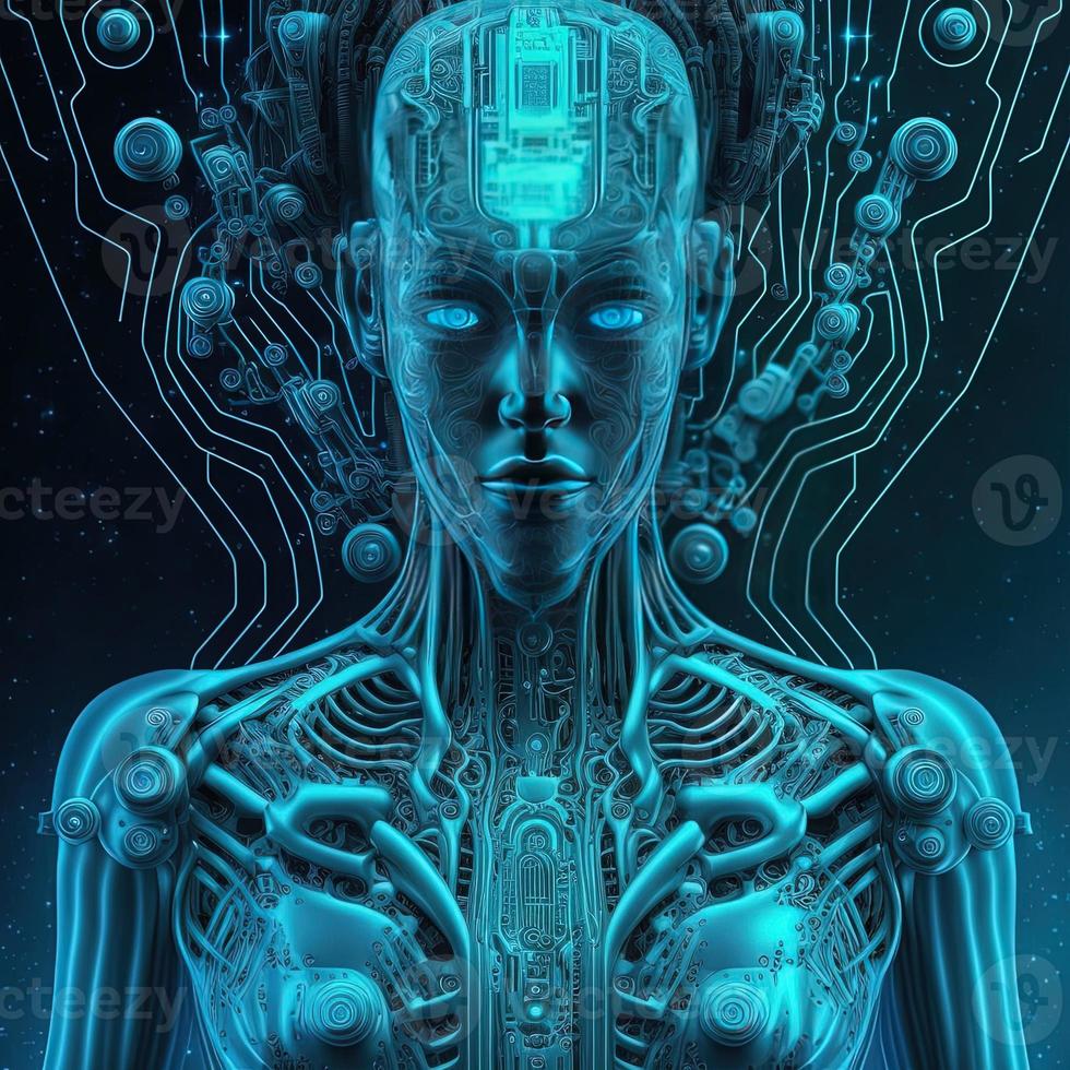 Artificial intelligence  virtual character. Alien portrait for concept design. Retro future 3D render illustration. Blue glow light with computer board elements. Ai render. photo
