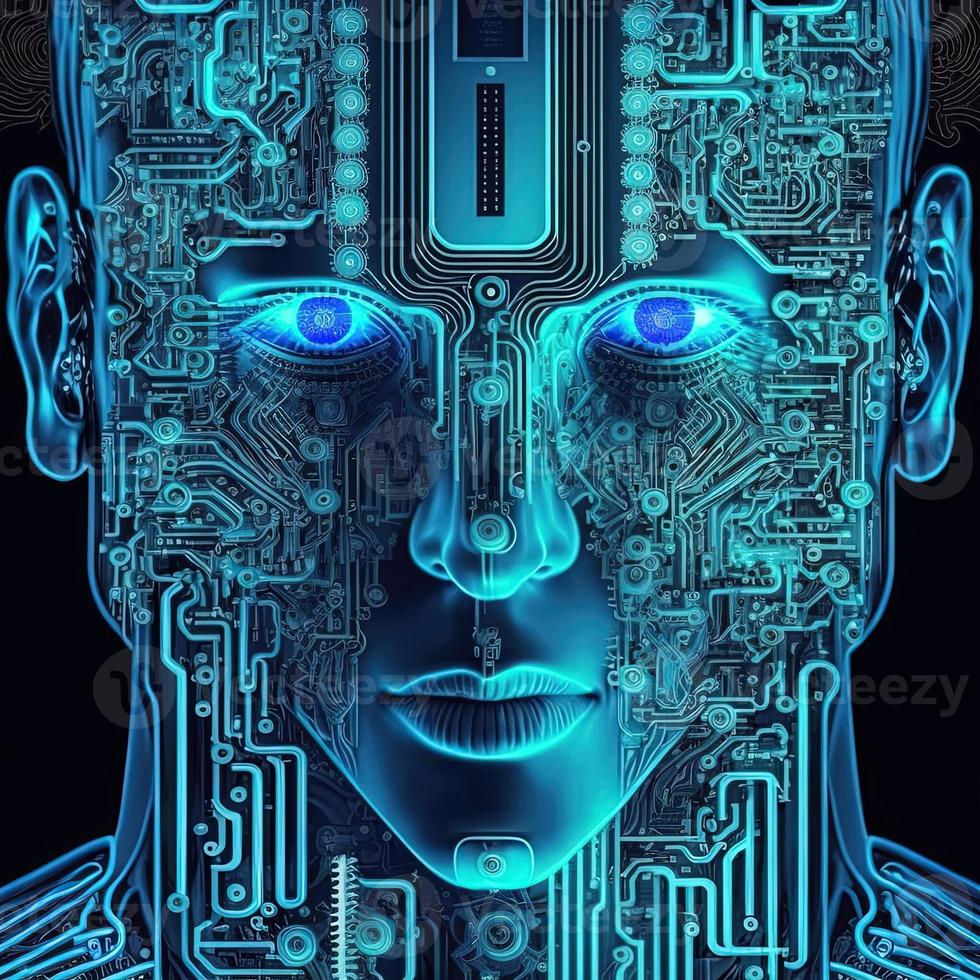 Artificial intelligence  virtual character. Alien portrait for concept design. Retro future 3D render illustration. Blue glow light with computer board elements. Ai render. photo