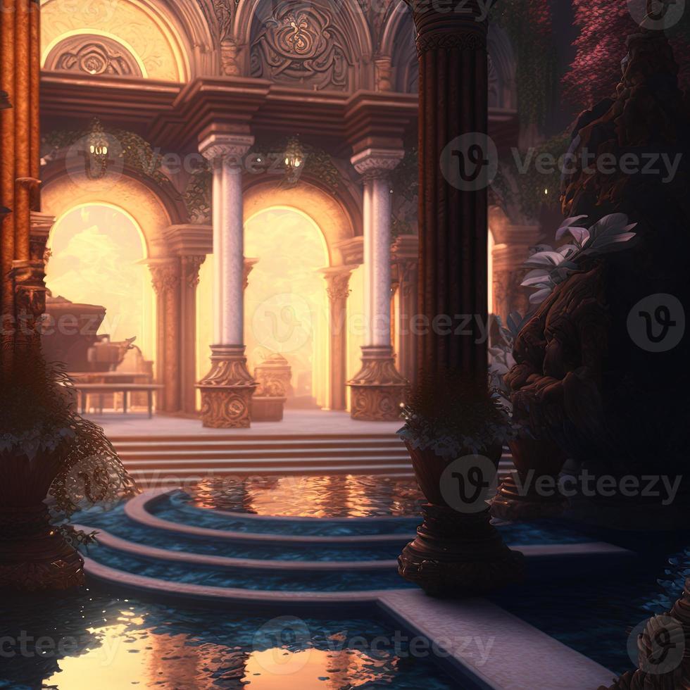 3D illustration of fairy tale palace majestic luxury interior. Mysterious dreamy background. photo