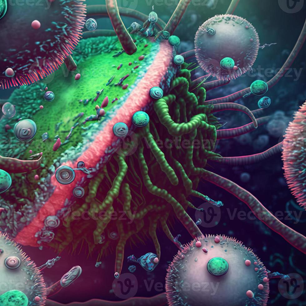 Abstract background bacteria and viruses. 3D illustration. Scientific microcosm  background. Realistic illustration. Ai render. photo