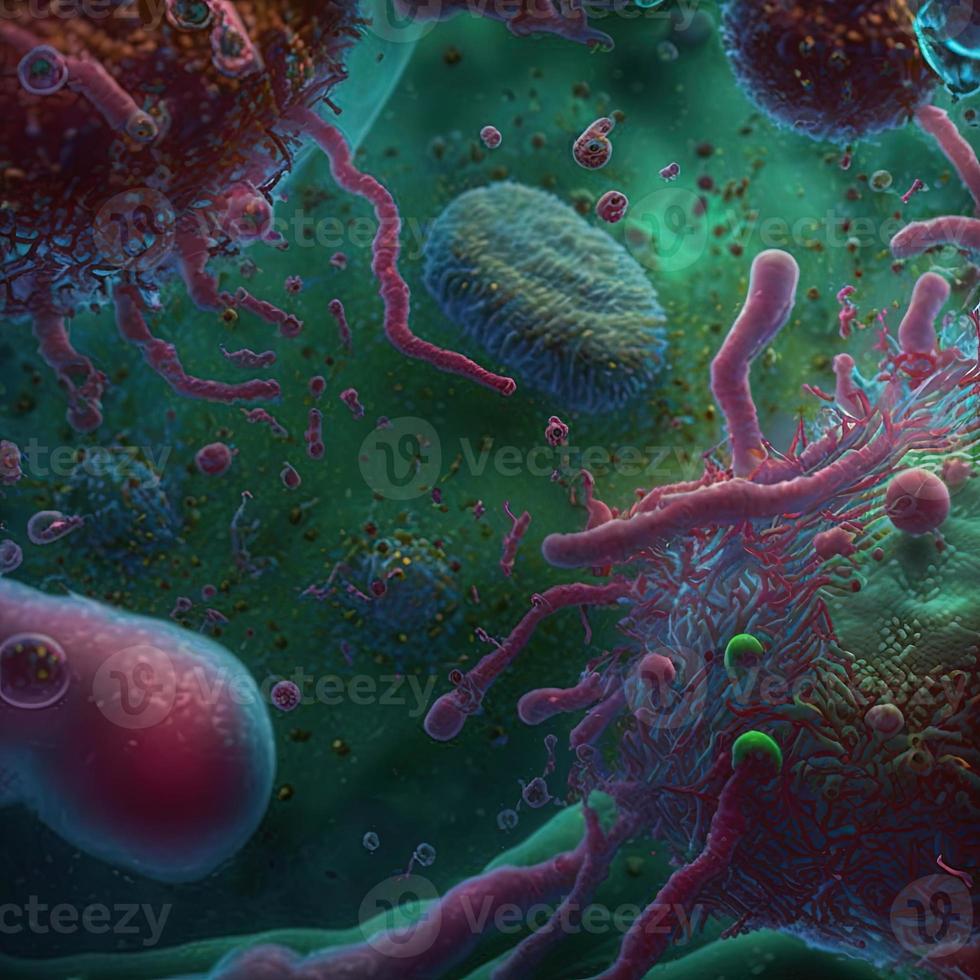 Abstract background bacteria and viruses. 3D illustration. Scientific microcosm  background. Realistic illustration. Ai render. photo