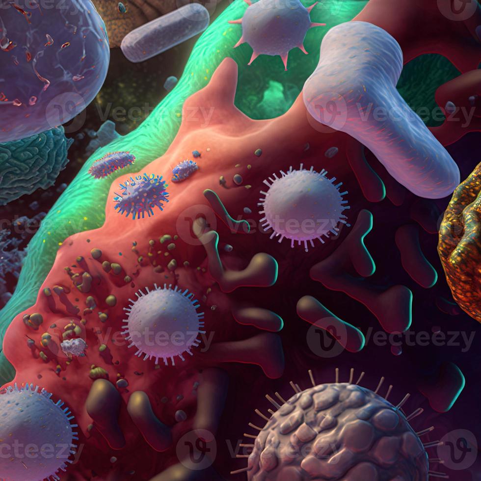 Abstract background bacteria and viruses. 3D illustration. Scientific microcosm  background. Realistic illustration. Ai render. photo