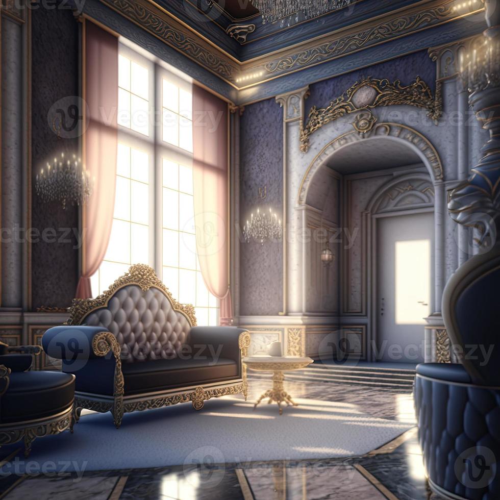 3D illustration of fairy tale palace majestic luxury interior. Mysterious dreamy background. photo