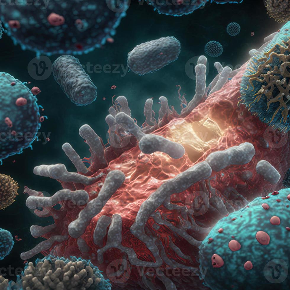 Abstract background bacteria and viruses. 3D illustration. Scientific microcosm  background. Realistic illustration. Ai render. photo