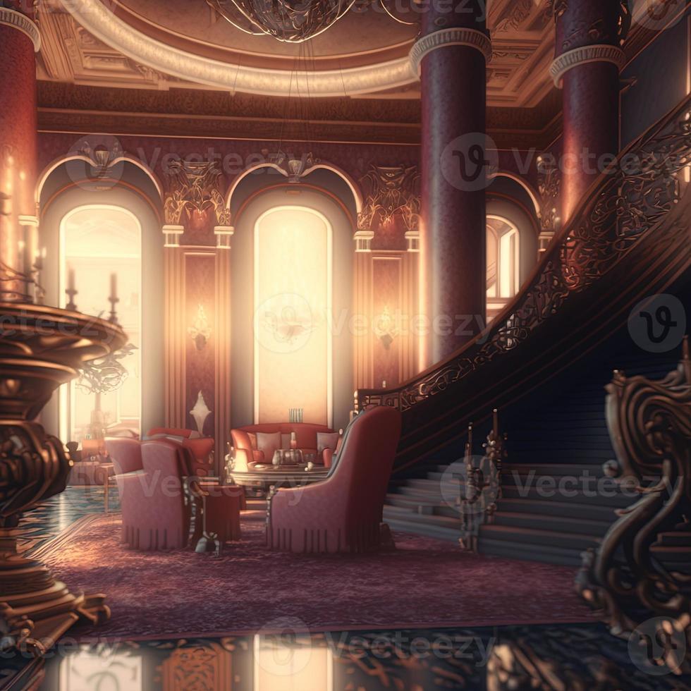 3D illustration of fairy tale palace majestic luxury interior. Mysterious dreamy background. photo