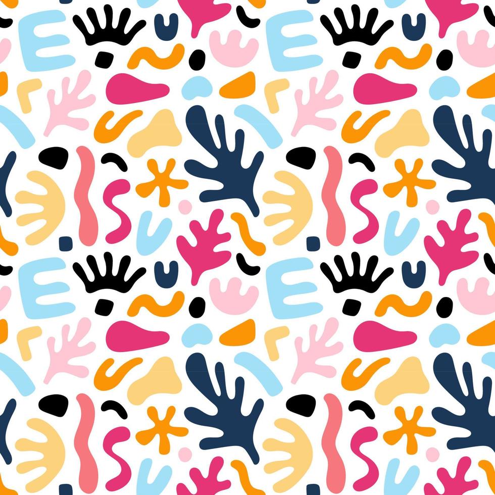 Abstract geometric shapes seamless patterns. Vector Hand drawn various shapes and doodle objects. Abstract contemporary modern style. Trendy colorfull illustration. Stamp texture.