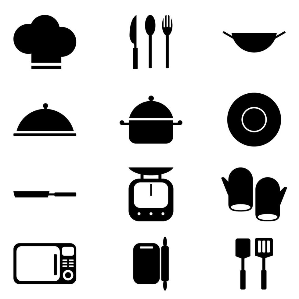 Cooking icon set. contains a chef's hat, oven, measuring tool,  plate, knife, chef's gloves, pots, pans and kitchen utensils.  flour grinder, cutlery and more, vector illustration