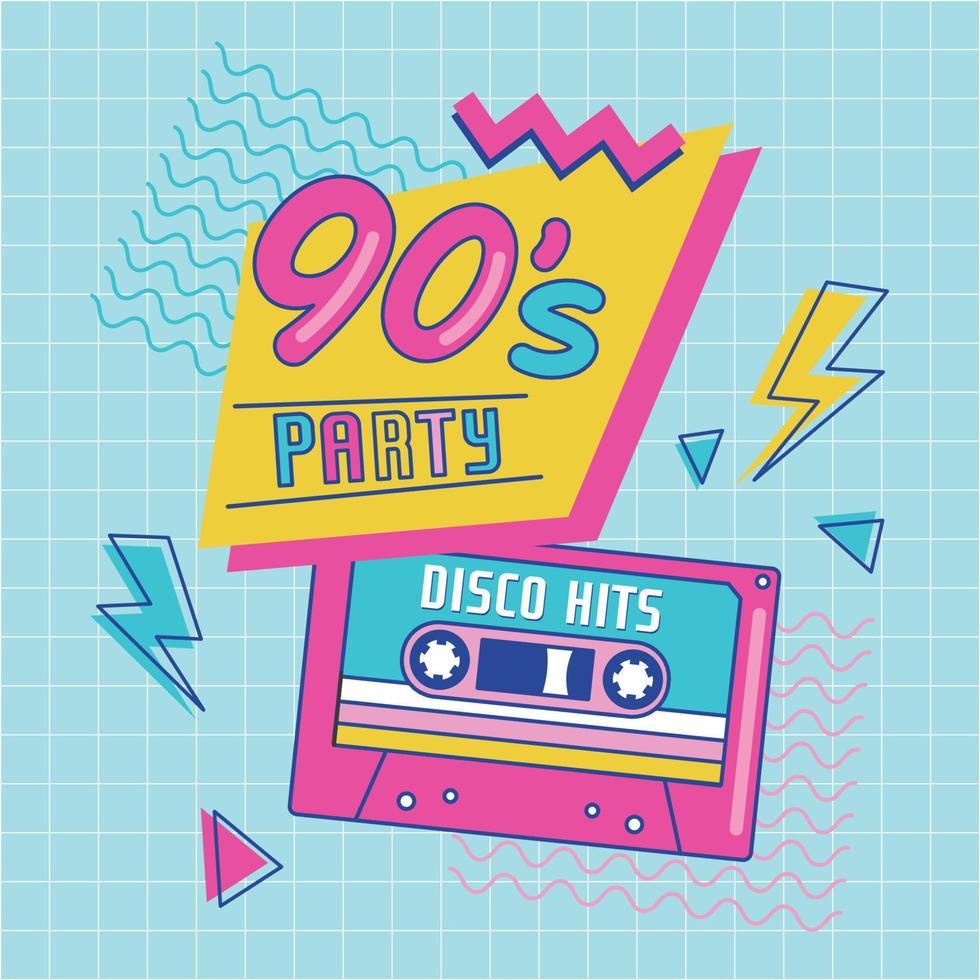 90s party banner. Retro music poster, 90s tape cassette in funky colorful design. Memphis music parties, disco hits advertising, audio poster. Vector illustration
