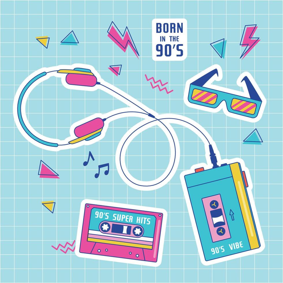 conjunto de retro parche insignias con casete, walkman, Gafas de sol, etc. Años 90 disco. vector ilustración en rosado antecedentes. conjunto de pegatinas, patas, parches en de moda 90s memphis estilo.