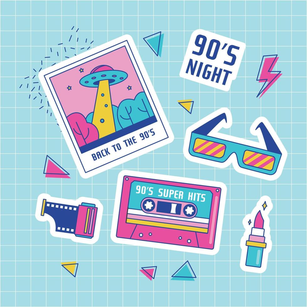 Retro patch badges with cassette,  sunglasses, ufo photo, etc. 90's party. Vector illustration on pink background. Set of stickers, pins, patches in trendy 90s memphis style
