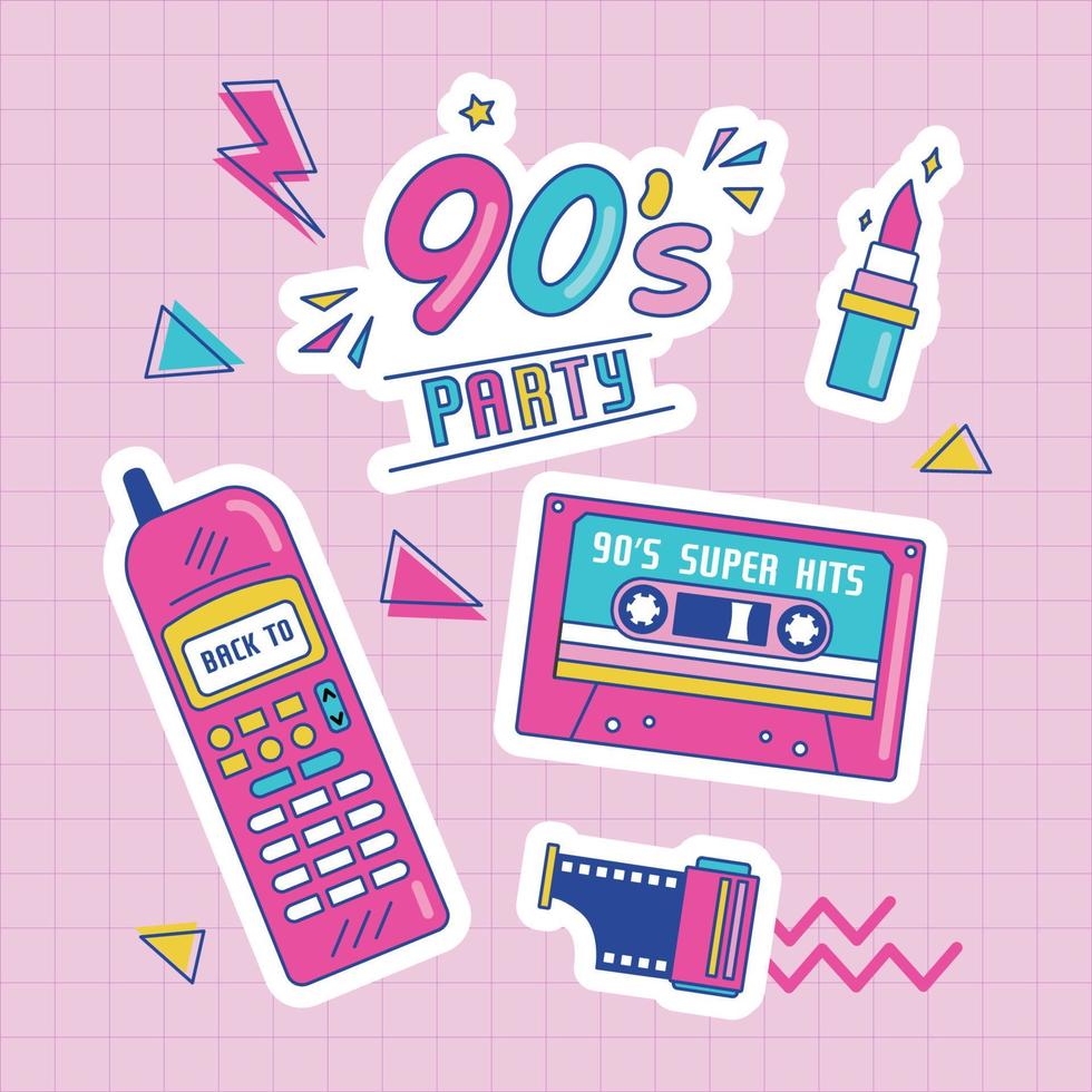 Retro patch badges with lipstcik, cassette, phone. 90's party. Vector illustration  on pink background. Set of stickers, pins, patches in trendy 90s memphis style