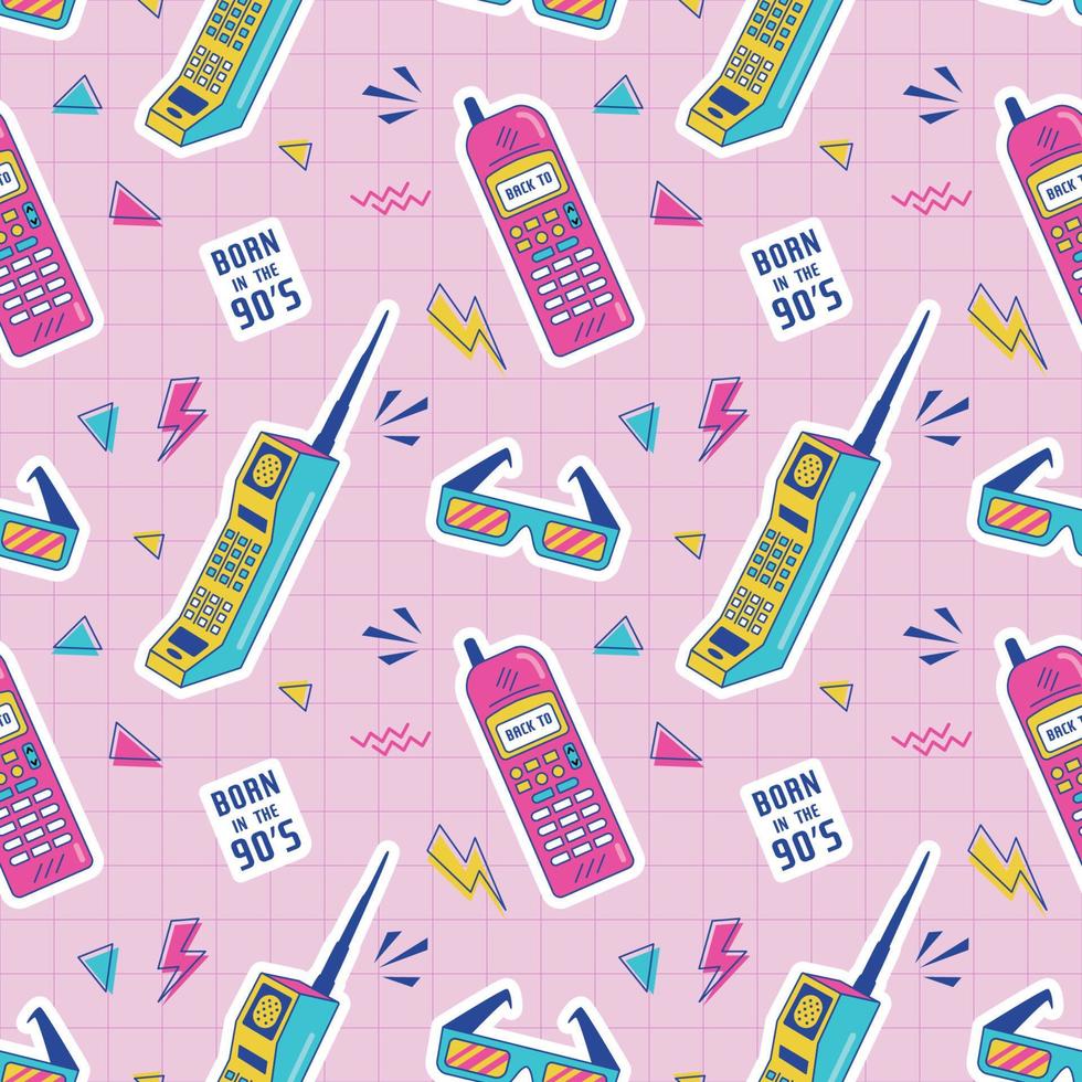 Vector 90s seamless pattern with mobile phones. 90s style. Vector illustration on pink background. Stickers, pins, patches in trendy 90s memphis style