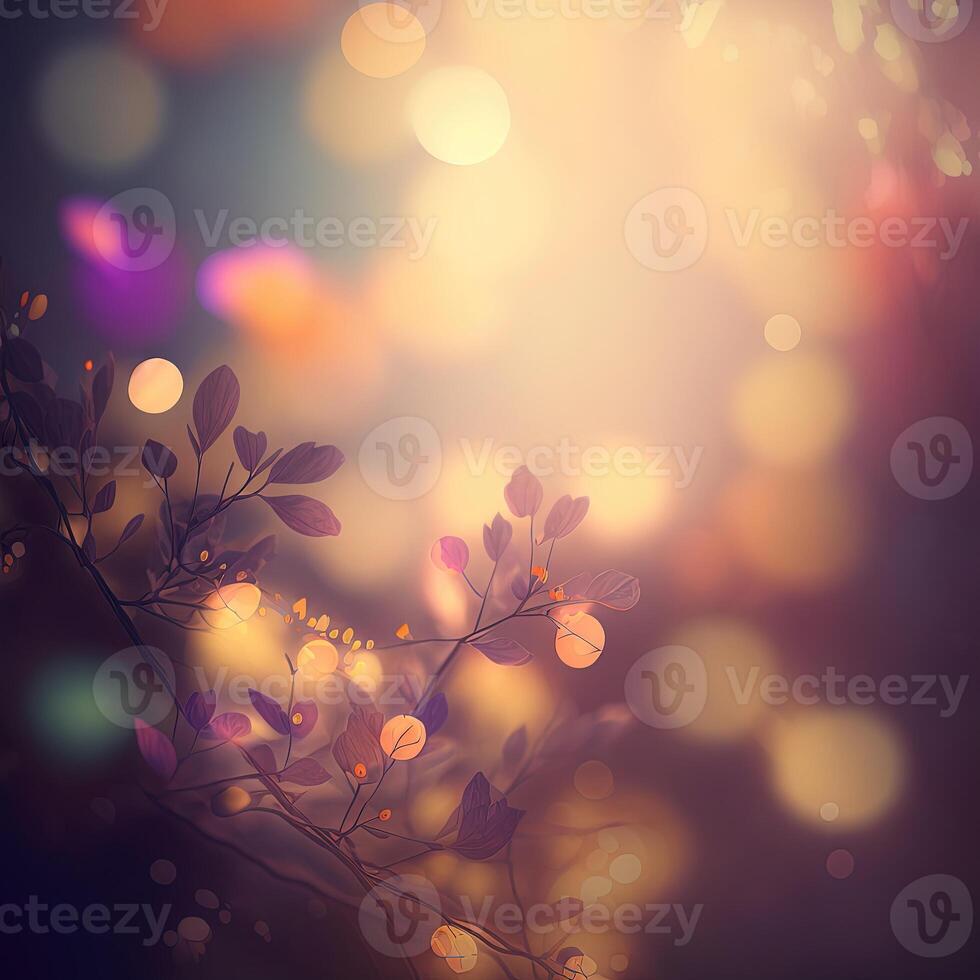 Abstract fairy tale blurred background with flower plant elements and bokeh lights. . photo