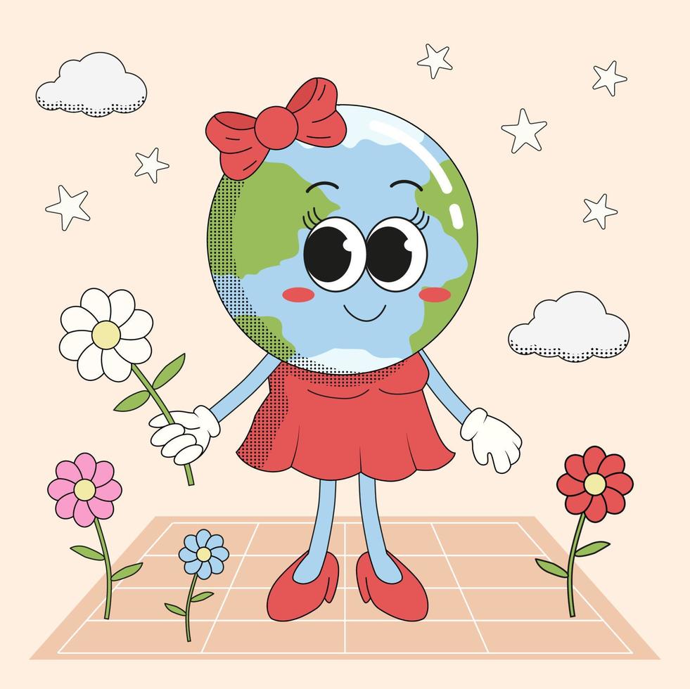 Mother Earth Day holiday illustration in 1970s groovy style, cute Earth planet character in a dress with daisy flower in her hand. vector