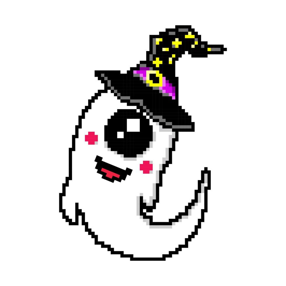 Pixel art cute mascot ghost wearing a witch hat kawaii vector