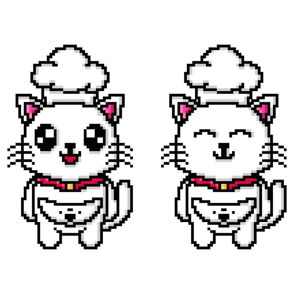 Pixel art cute cat wearing a chef hat design mascot kawaii vector
