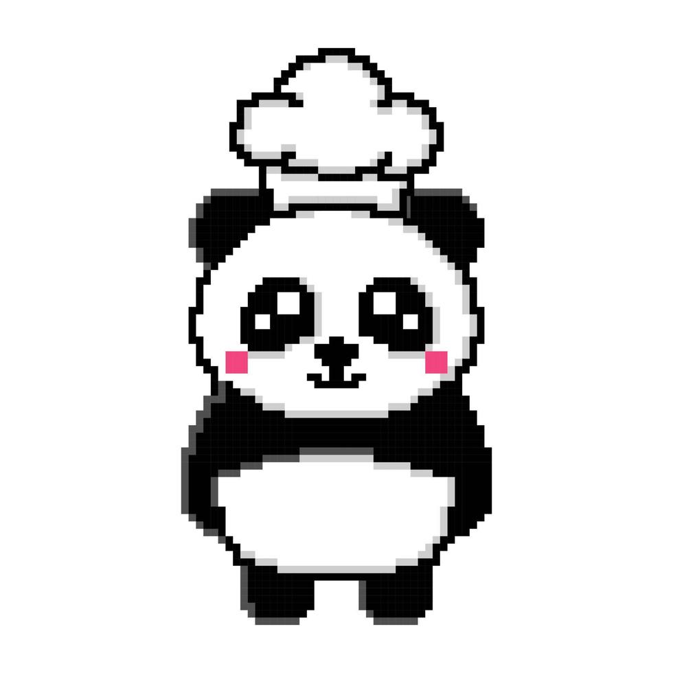 pixel art cute panda wearing a chef hat design mascot kawaii vector