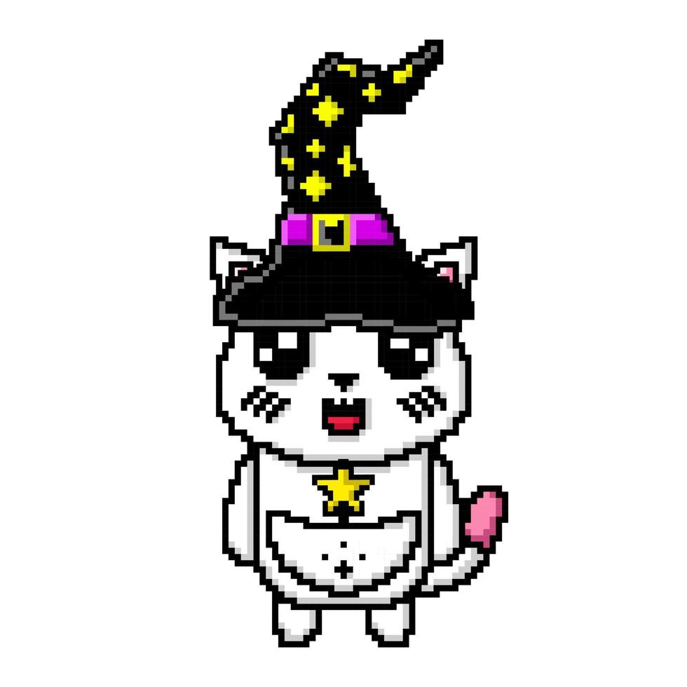 píxel arte.lindo mascota gato vistiendo un bruja sombrero y que lleva un magia varita mágica kawaii vector