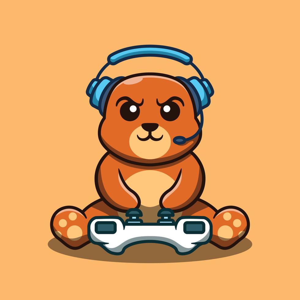 Cute Bear Character Playing Game Cartoon Vector Illustration