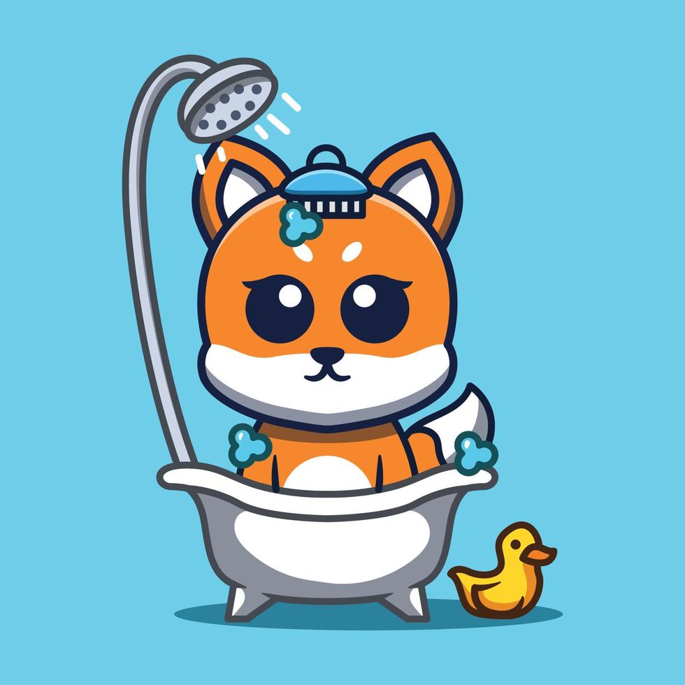 Cute fox character taking a bath in a bathtub cartoon vector illustration.