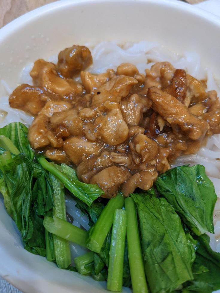 Close up photo of steam Kwetiau traditional noodle from Chinese with topping vegetables and chicken. The photo is suitable to use for traditional food background, poster and food content.