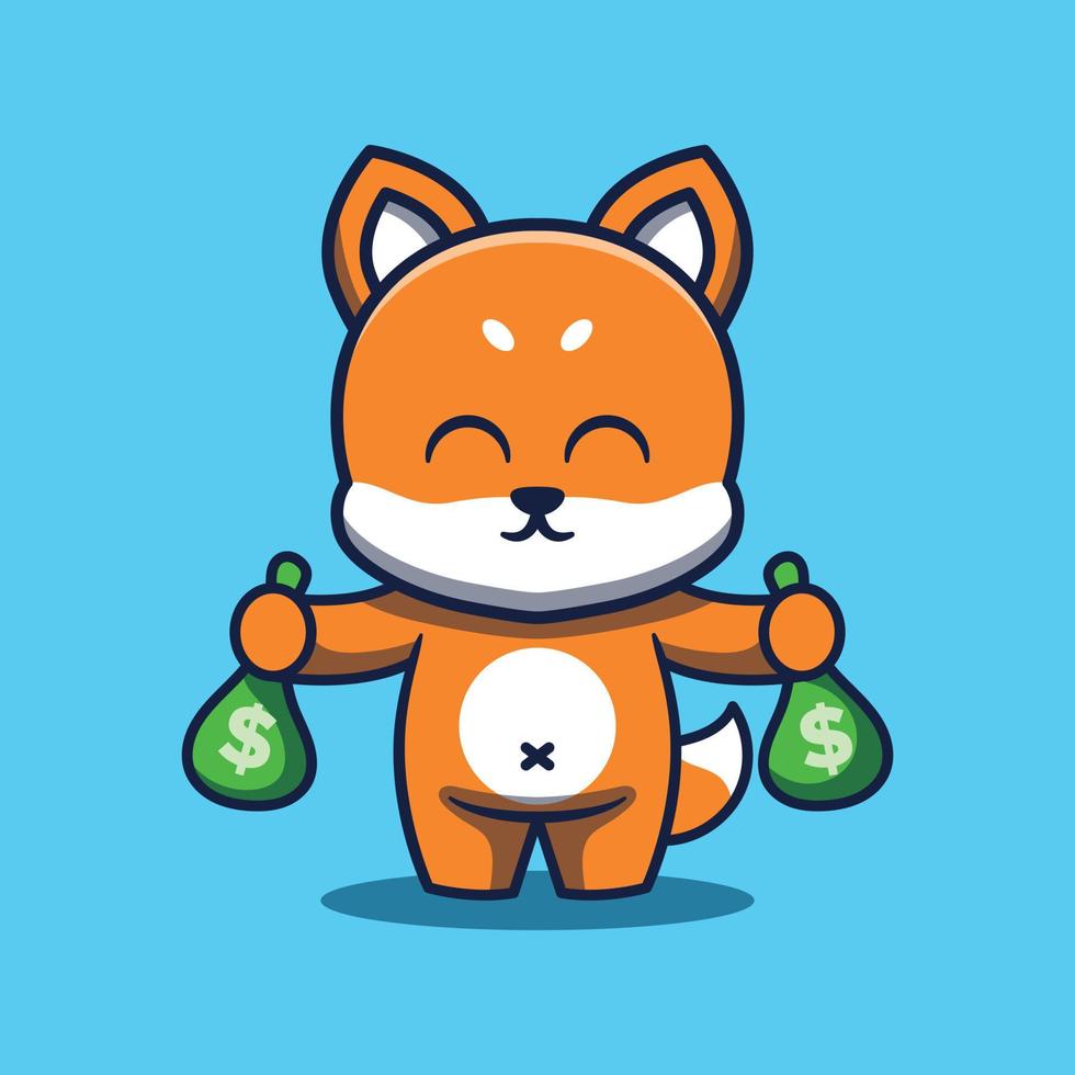 Cute Fox Holding Money Bag Vector Cartoon Illustration