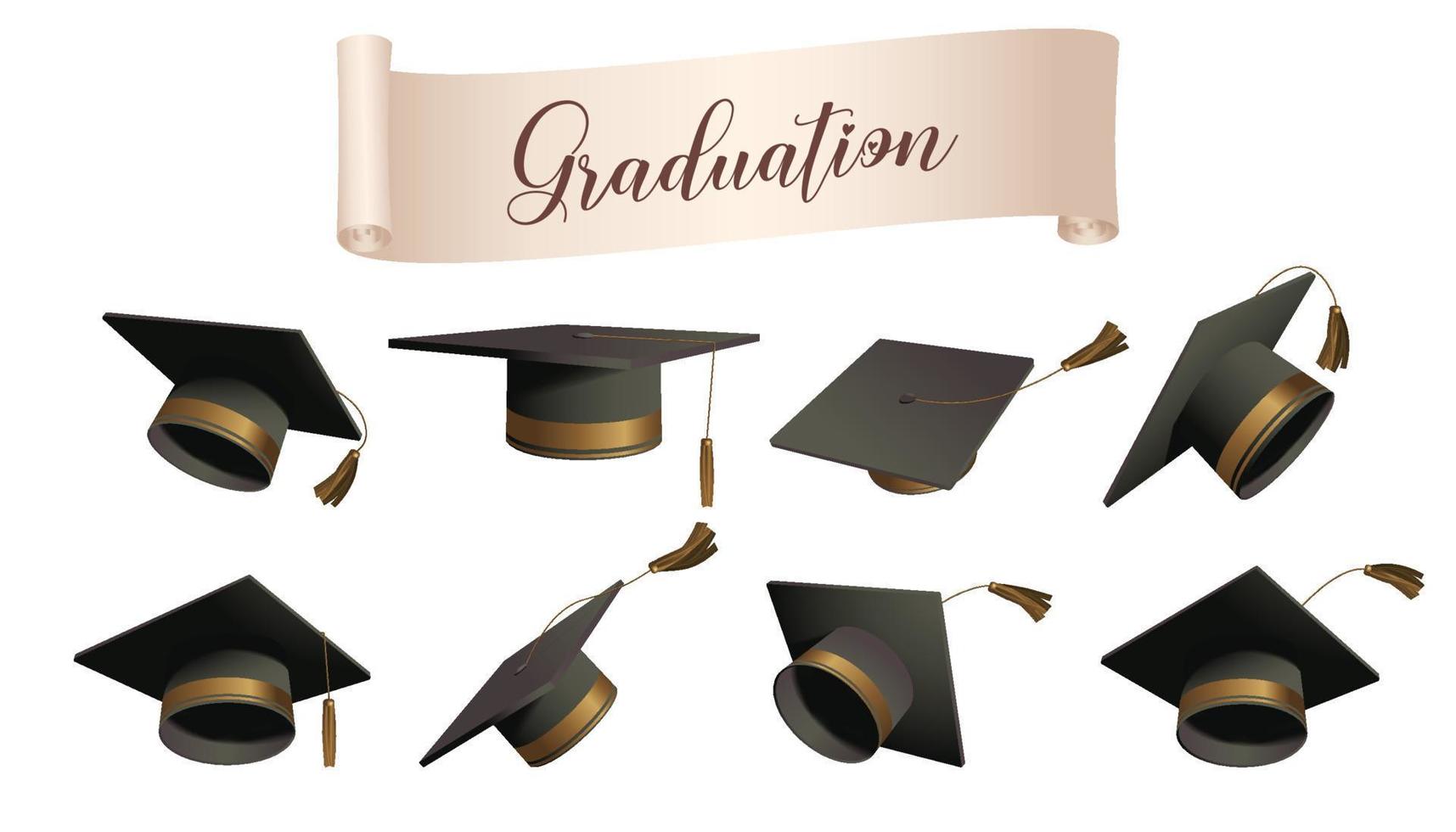 A set of bachelor hats from different angles, perfect for graduation season vector