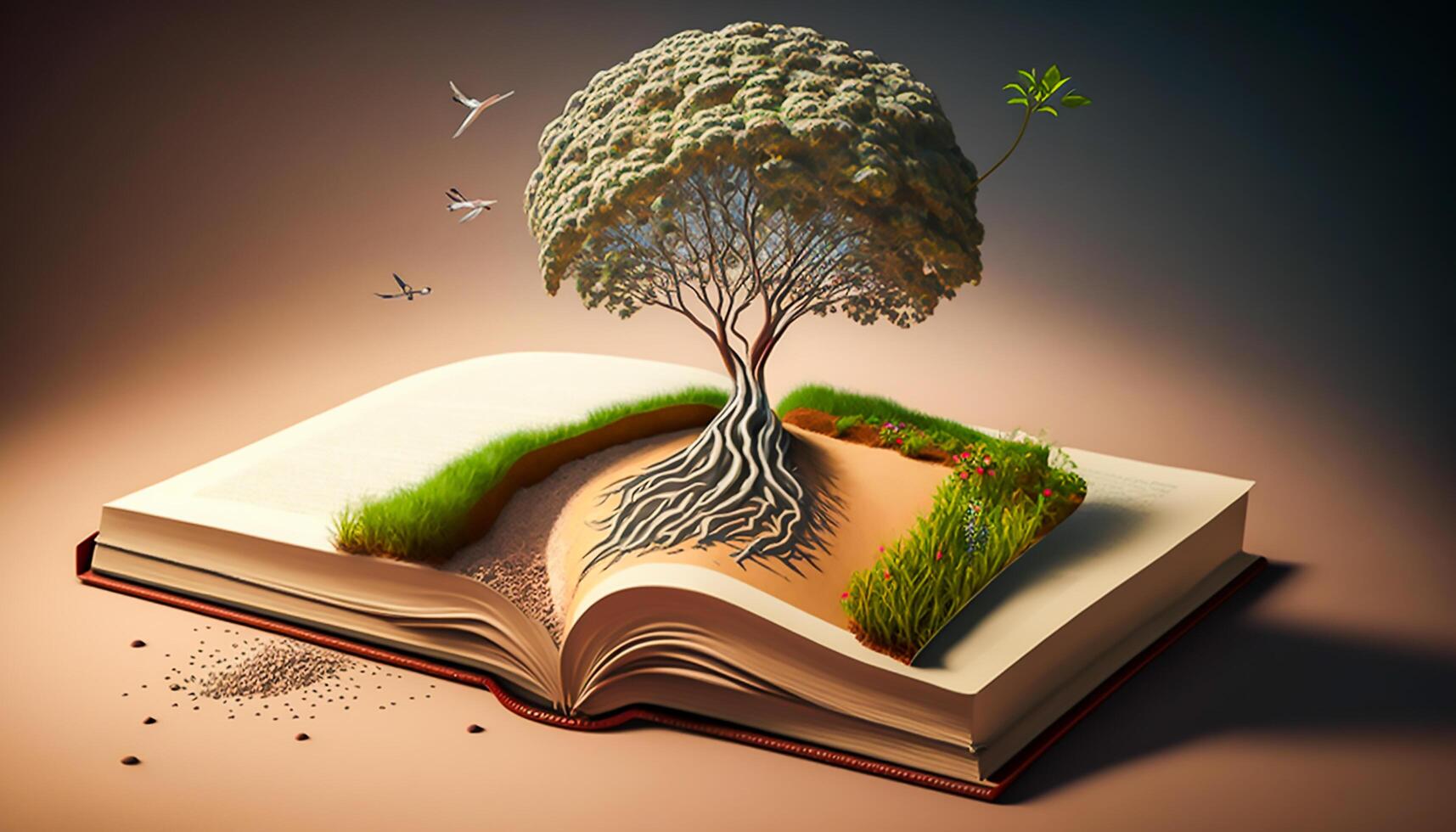 plantando semilla árbol de conocimiento y sabiduría en el apertura libro, generativo ai foto