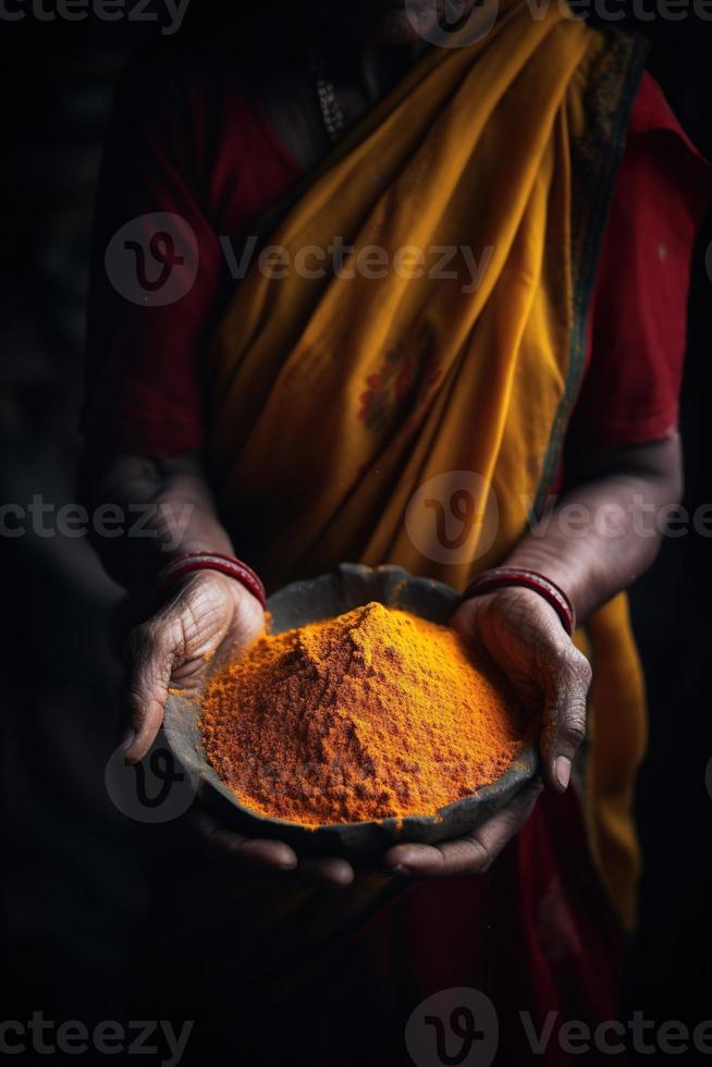 Close up of Indian senior woman hands holding turmeric powder in hands photo
