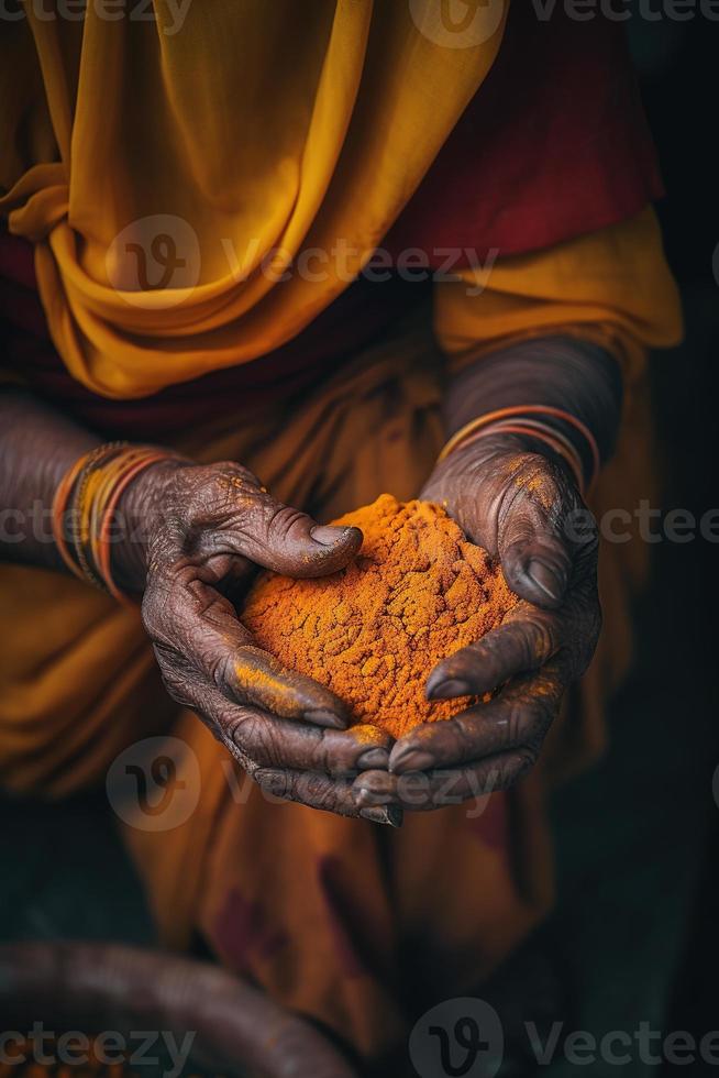 Close up of Indian senior woman hands holding turmeric powder in hands photo