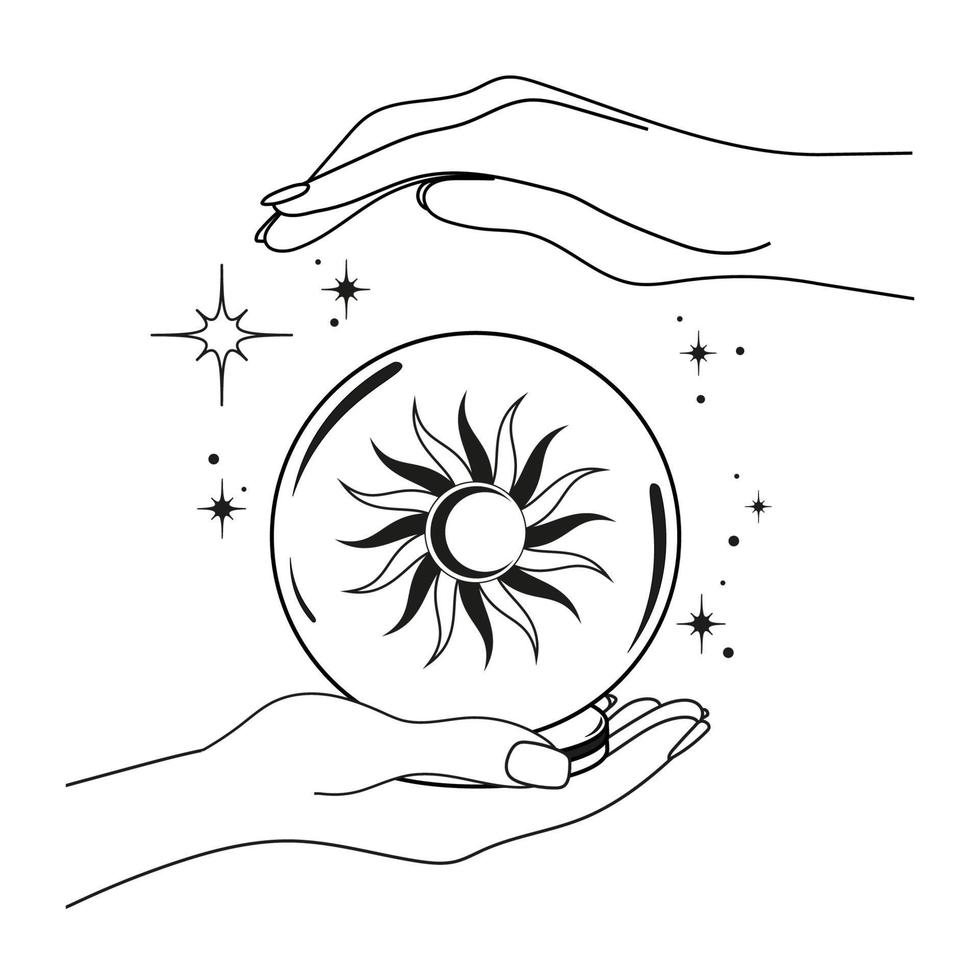 Hands with crystal ball with sun, moon, stars. Spiritual session. Esoteric, magic, predictions vector