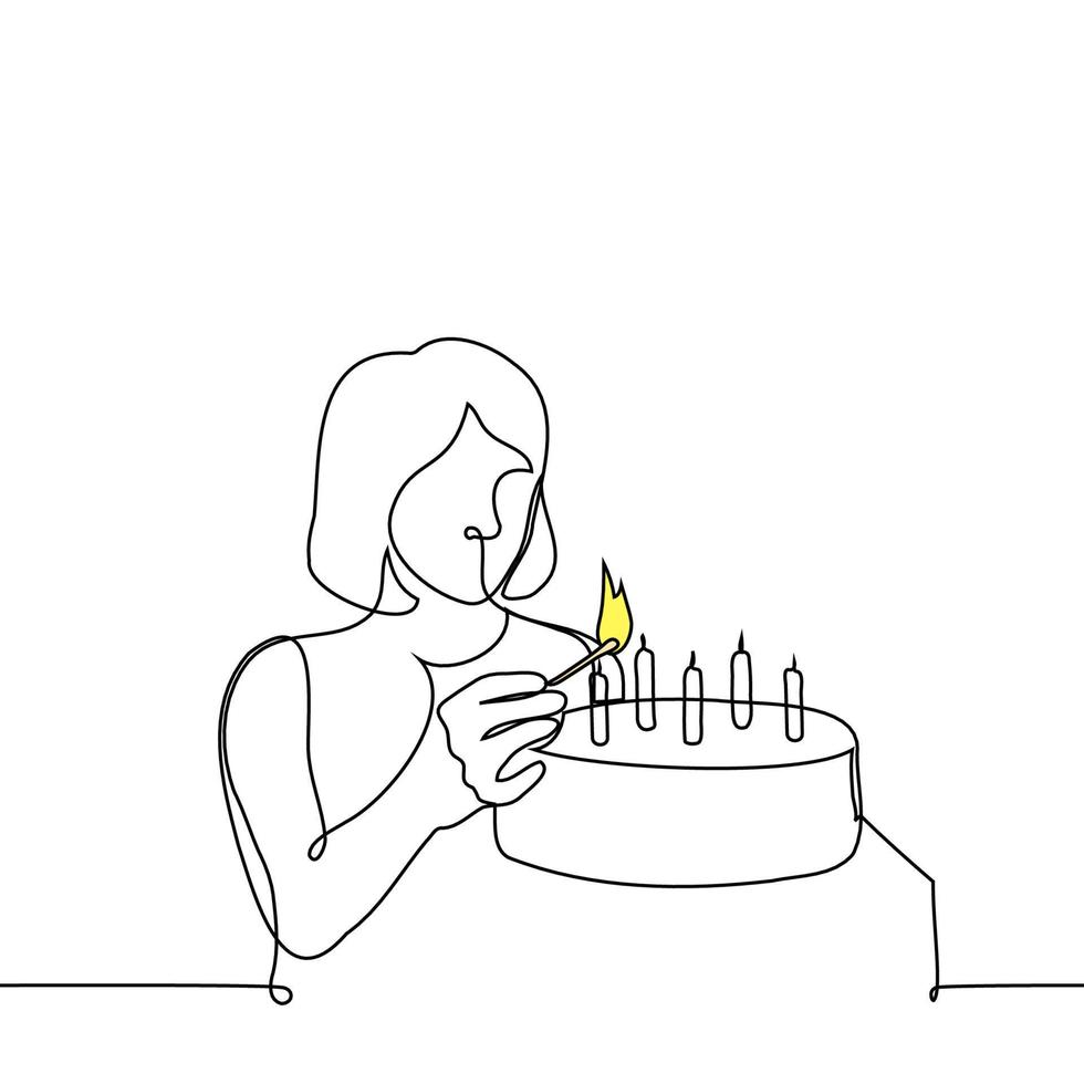 mujer Encendiendo velas en un pastel - uno línea dibujo vector. el concepto de preparando un pastel para el día festivo, celebrando un cumpleaños solo sin amigos vector